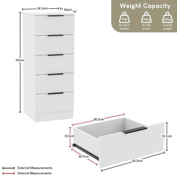 Vida Designs Trega 5 Drawer Narrow Chest, Black