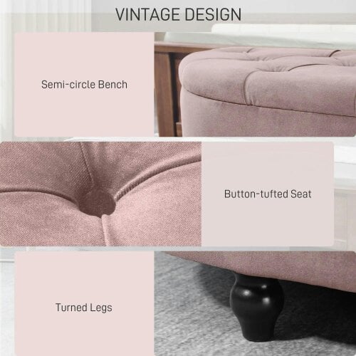 Bobobiy Semi-Circle Ottoman Storage Bench, Tufted Upholstered Window Seat Footrest Stool with Rubberwood Legs & Entryway, 120 x 46 x 42 cm, Pink