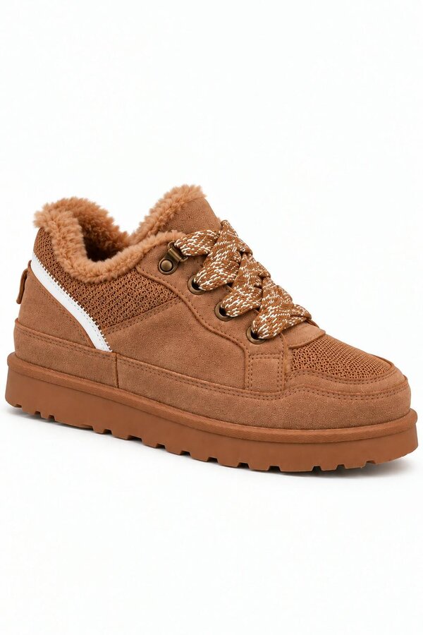 Love Lemonade Hudson Comfort Faux Suede Check Lace Faux Fur Lined Trainers Camel