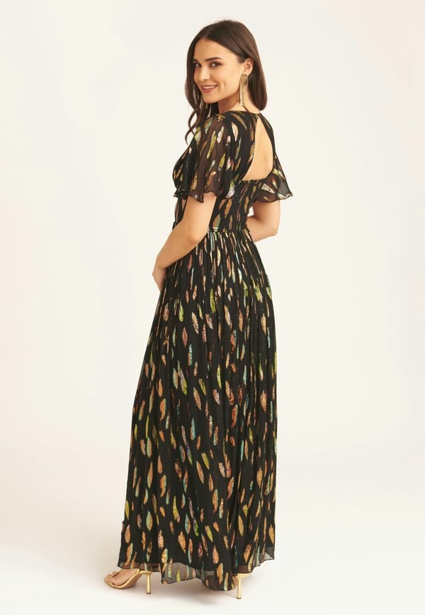 Gini London Black Multi Jacquard Angel Sleeves Maxi Dress