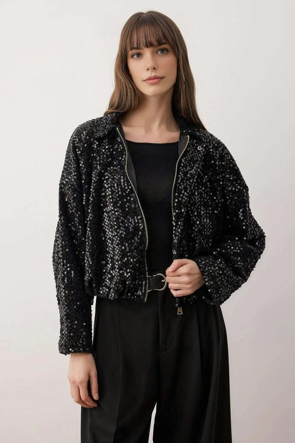 WOVCOR Regular Sequined Zippered Jacket