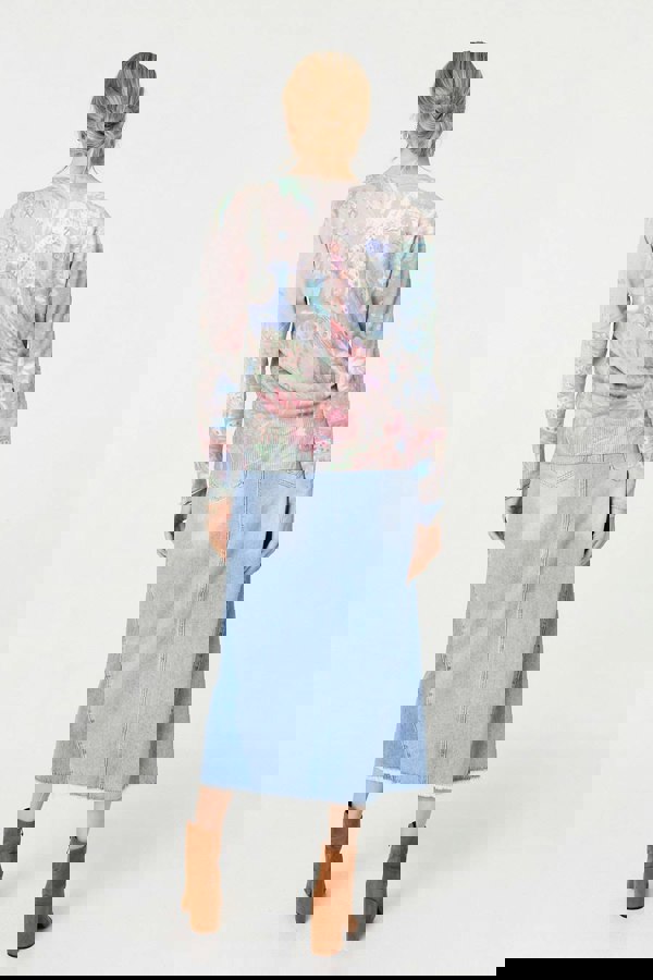 Beige | Peacock Print Diamante Studded Knit Top
