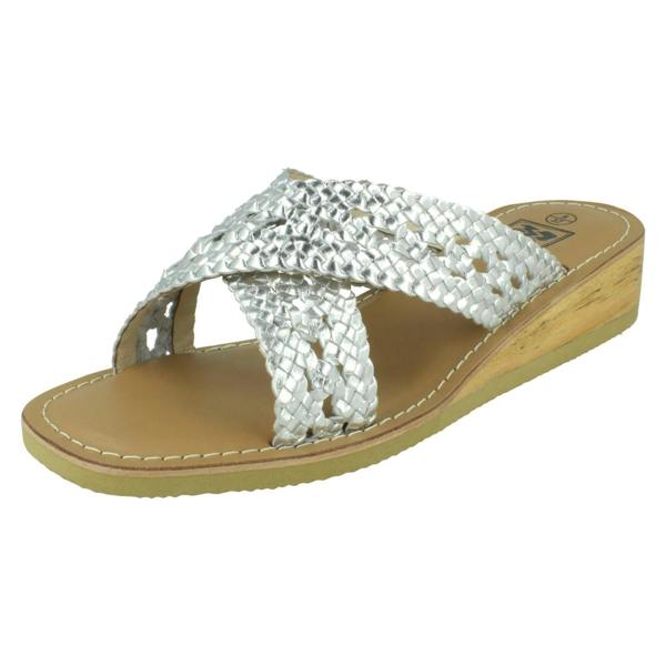 Down to Earth Ladies Down To Earth Low Wedge Leather X Strap Mule Sandal F00430