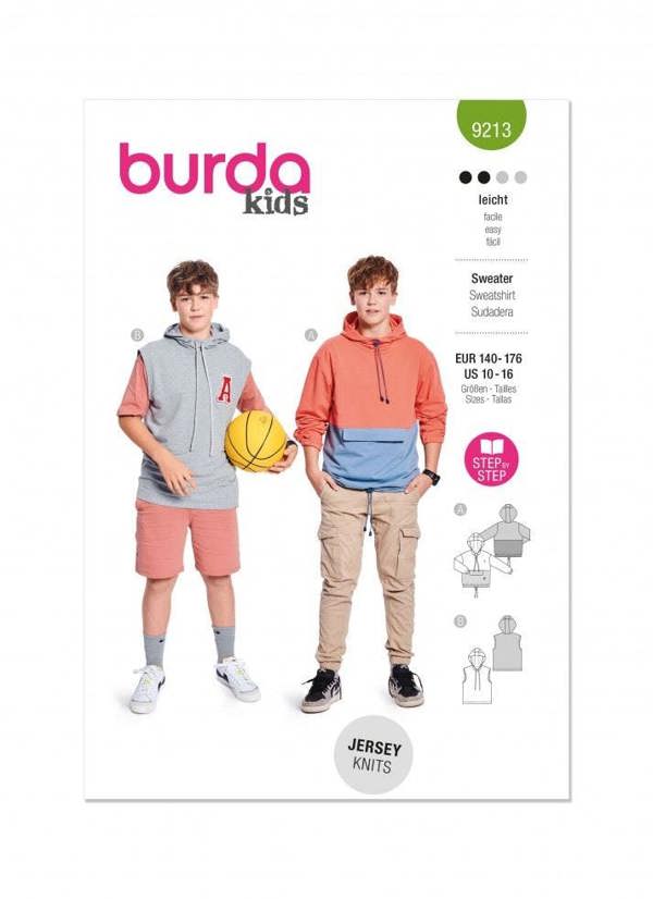 Burda Sewing Pattern 9213 Sweaters and Hoodies For Kids and Teenagers, 10-16 (140 - 176) - Easy