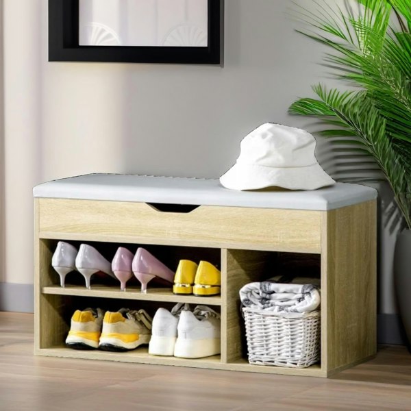 Rafaelo Mobilia Industrial Shoe Storage Bench With Cushion Seat Oak