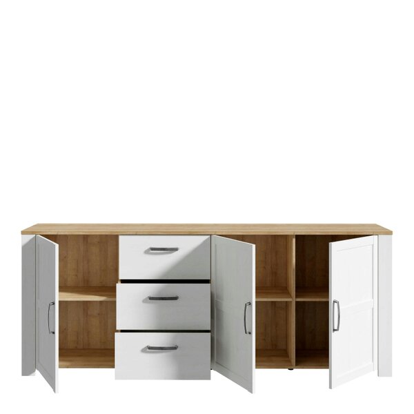 Wyld Haus Bramblecroft White and Natural Oak Wood Large Sideboard 3 Door 3 Drawer