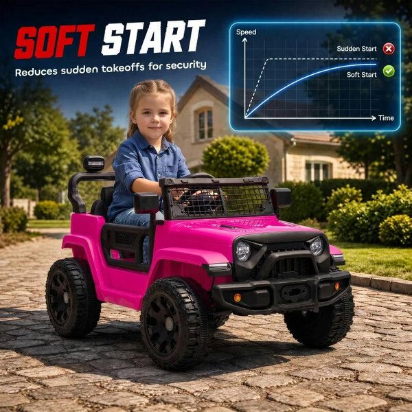 12V Electric Car for Kids with Remote, Dual Motors, Rear Suspension, Soft Start, Music, Lights for 3-8 Years, Pink
