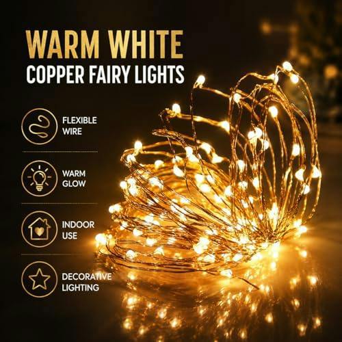 2M Warm White LED Copper Wire Fairy Lights, 20 Micro Rice LEDs, Battery Operated Indoor String Lights image 4