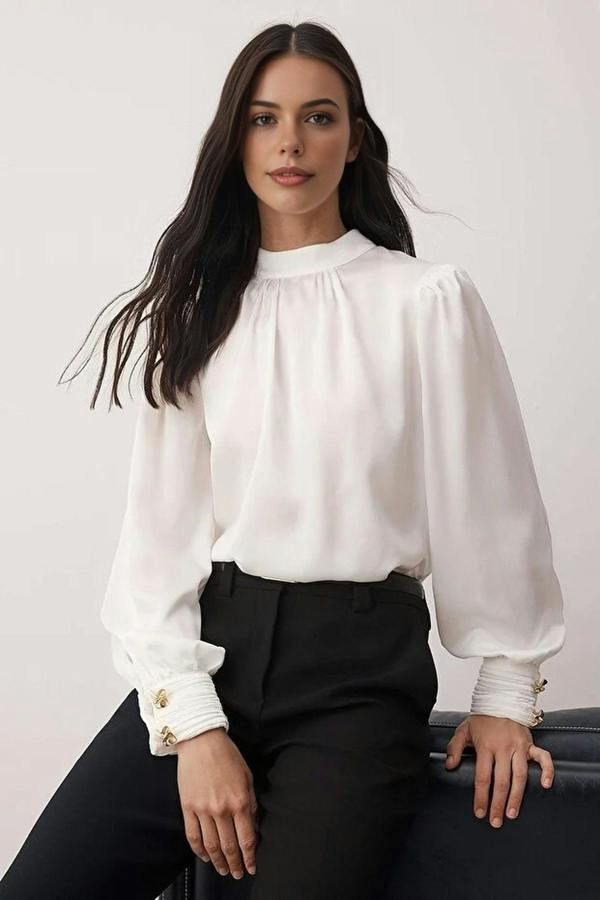 WOVCOR Shawl Detail Buttoned Satin Woven Blouse