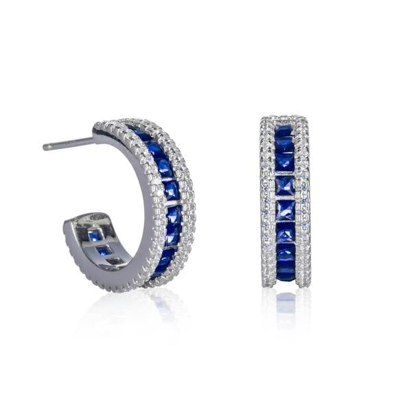 namana 925 Sterling Silver Half Hoop Earrings with Blue and White Cubic Zirconia Stones