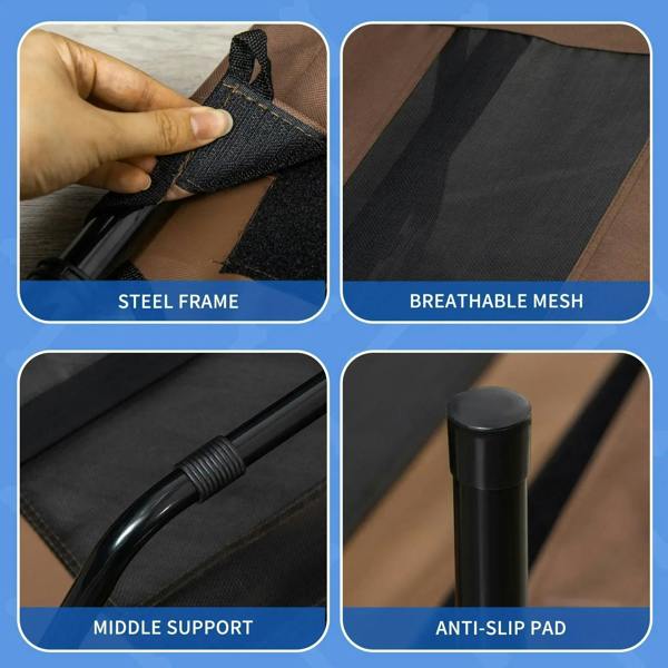 Raised pet cot with steel frame, breathable mesh, support bars, and anti-slip pad
