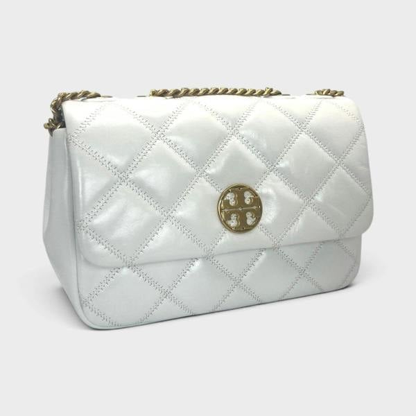 Supplied Fashion Willa glazed white leather shoulder bag with diamond quilting and gold chain strap