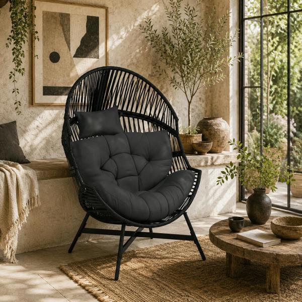 Wyld Haus Rataco Rattan Charcoal Grey Oversized Freestanding Egg Chair With Tufted Cushion And Headrest