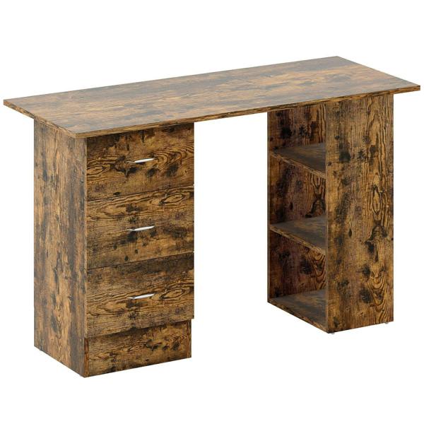 Rustic brown wooden computer desk with three drawers and open storage shelves