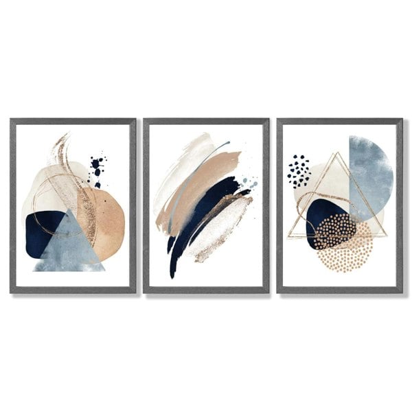 Artze Wall Art Set of 3 Abstract Beige Blue and Gold Framed Prints