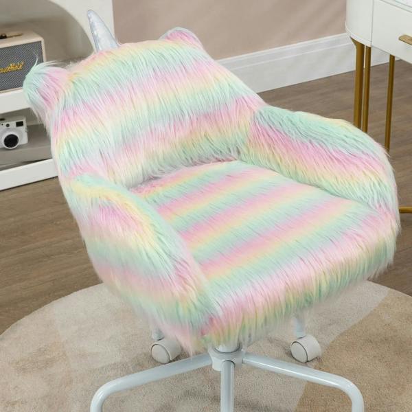 3/4 view of rainbow fluffy unicorn-themed office chair with armrests and swivel base