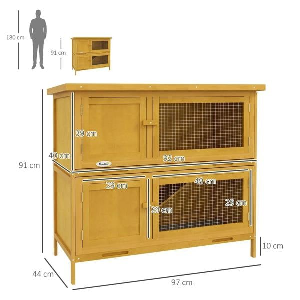 Yellow two-level rabbit hutch with wire mesh panels and size diagram