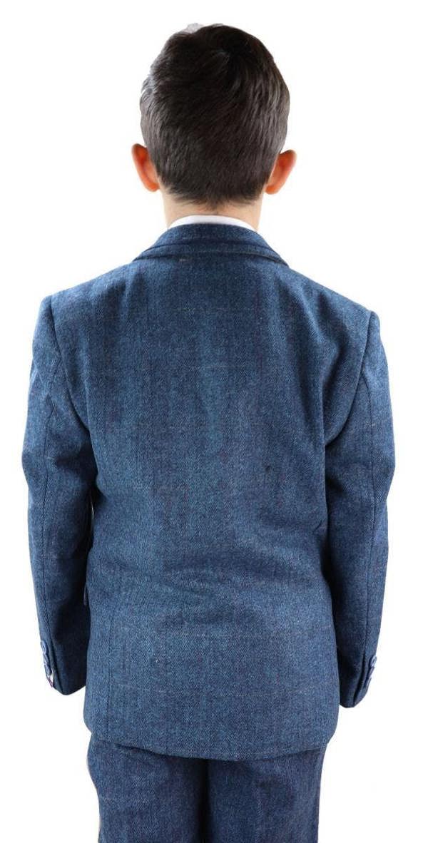 House of Cavani Boys 3 Piece Blue  Herringbone Tweed Check Classic  Suit