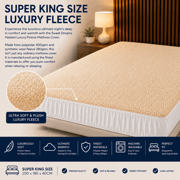 Sweet Dreams Superking Size Electric Heated Blanket Mattress Soft Fleece 9 Heat And 9 Timer Settings Dual Controller Washable