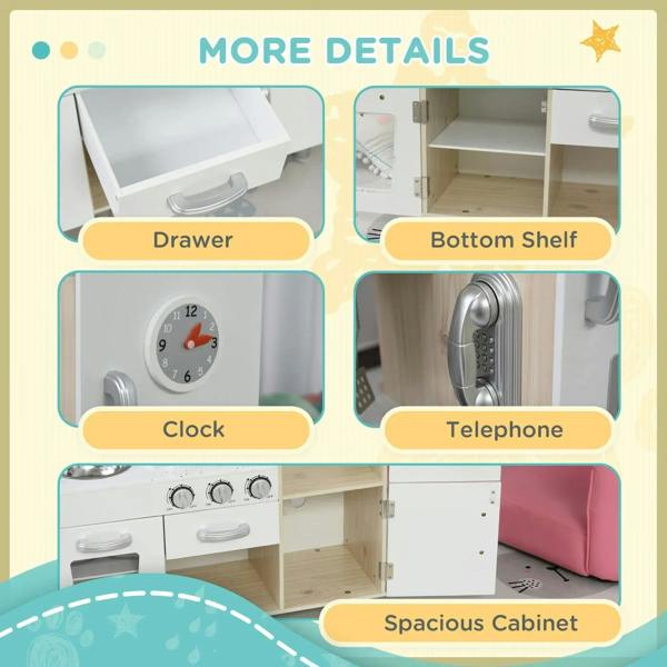 Kids wooden play kitchen details: drawer, clock, telephone, and spacious cabinet