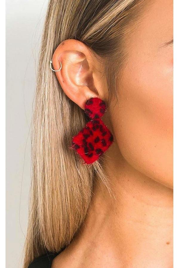 Jen Leopard Print Fuzzy Earrings - Red