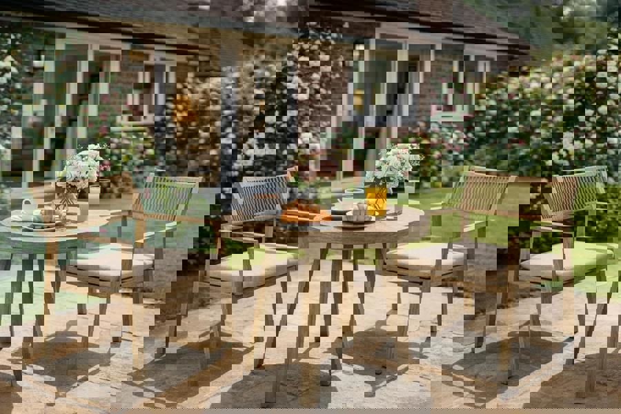 Medellin Bistro Set | Wood-Effect 2-Seater Garden Bistro Set with Cushions The Garden Furniture Shop