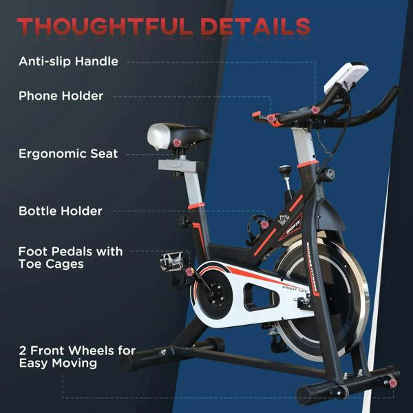 Indoor cycling exercise bike details: anti-slip handle, phone and bottle holders