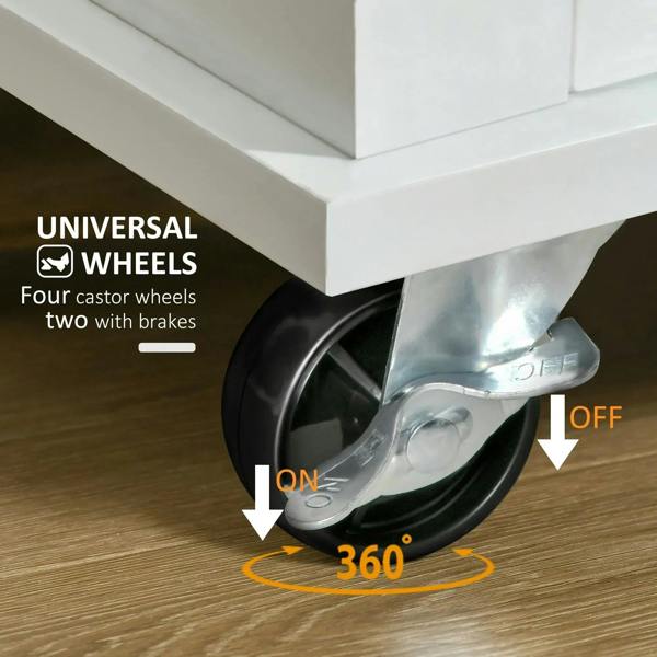 Caster wheels with two brakes on the bottom of a white kitchen storage cart
