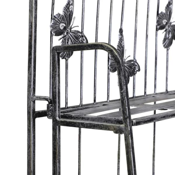 Silver metal plant stand side rail and leg with butterfly detail and slatted shelf