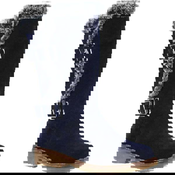 Hush Puppies Megan Womens Tall Hi Zip Up Mid Calf Boots, navy blue suede winter boots with faux fur trim and buckle details.