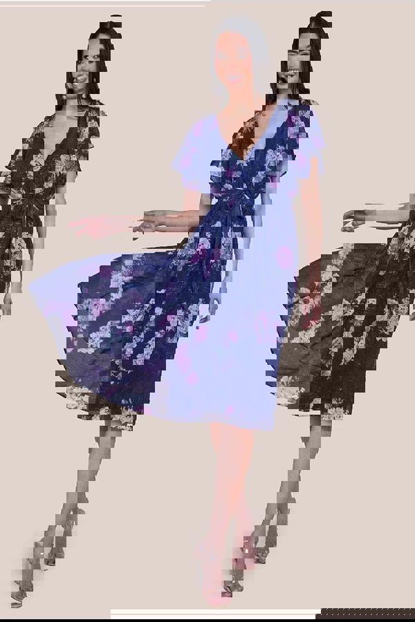 Printed Lurex A-Line Flutter Sleeve Midi Dress - Navy DR4516