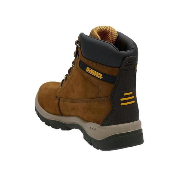 DeWalt Titanium Mens Leather S3 WR Safety Steel Toe Lace Up Boots, rugged brown leather work boots with black and yellow accents, padded collar, safety toe, and durable outsole.