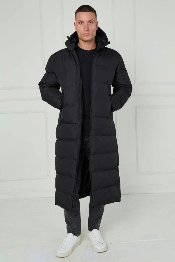 Elaina Fashion Men’s Longline Heavy Puffer Coat – Black