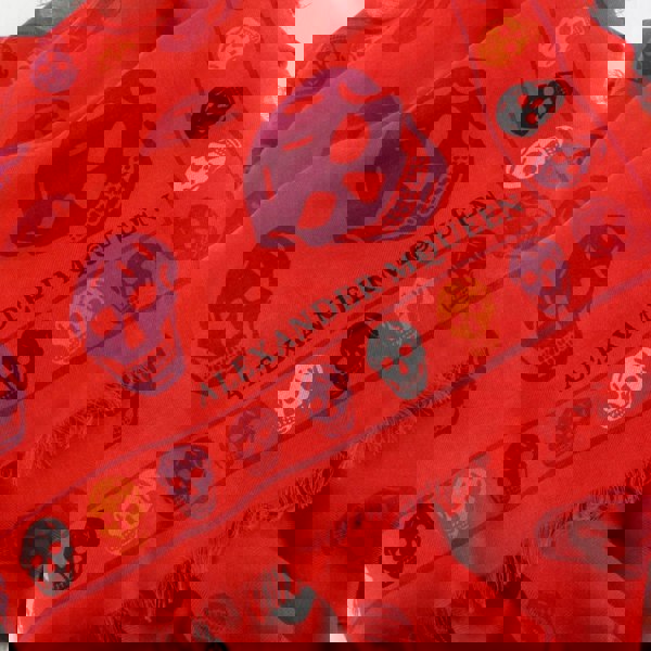 Alexander McQueen red skull patterned wool and modal square scarf