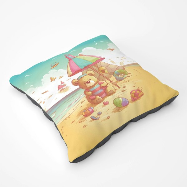 Warren Reed Lucky Teddy Bear On A Beach Holiday Floor Cushion