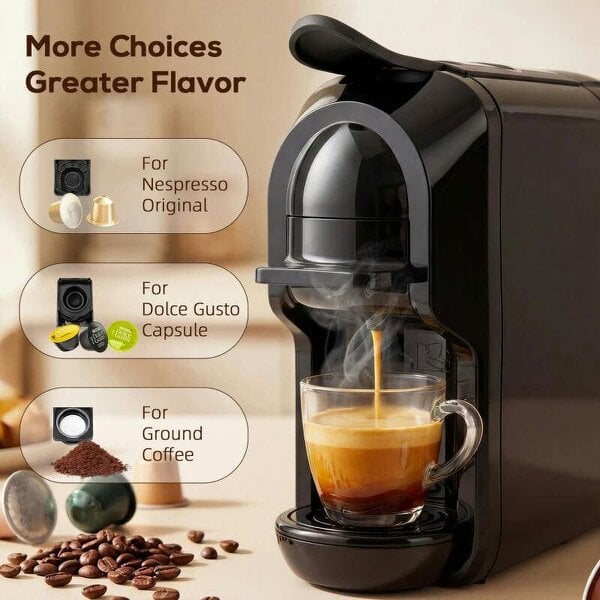Pod Coffee Machine for Nespresso, Dolce Gusto Capsule & Ground Coffee, Small Semi Automatic Coffee Maker, 19 Bar, 0.6L