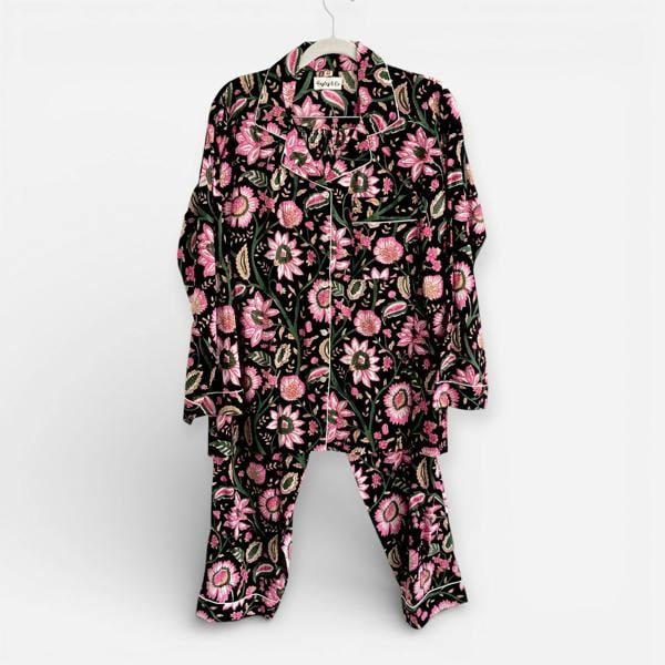 Hayley & Co Black and Pink Block Print Floral 100% Cotton Long Pyjama Set