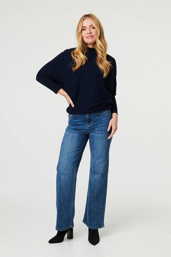 Blue | Diamante Embellished Straight Fit Jeans
