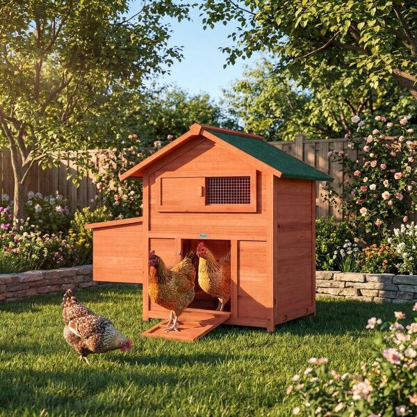 Chicken Coop, Wooden Hen House with Nesting Box, Pull-Out Tray, Sliding Window, Waterproof Roof, Perches and Ramp - Orange
