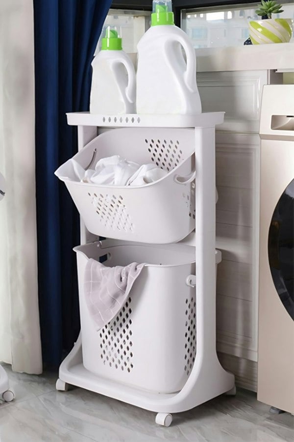 Living and Home 2 Compartments Laundry Basket Bathroom Clothes Storage on Wheels