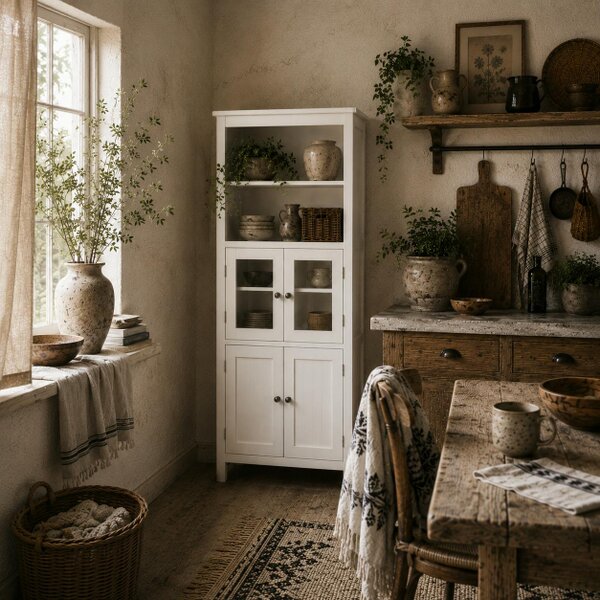 Wyld Haus Doke Wooden White 4 Door Kitchen Cupboard With Glass Panels And Adjustable Shelves