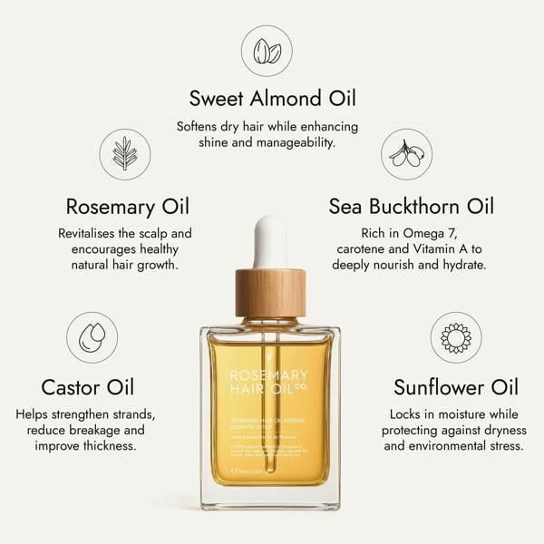 Rosemary hair oil bottle with dropper on a beige background, featuring Marie Claire Hair Awards 2026 winner badge. Rosemary hair oil, intense growth syrup, hair growth, rosemary oil, healthier, fuller-looking hair, castor oil, sunflower seed oil, stimulate, regrowth, hair thinning, natural, best hair growth oil, ingredients