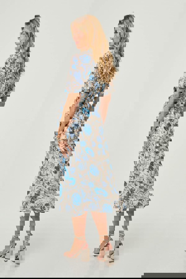 Blue | Floral Lace Trim Tie Waist Midi Dress
