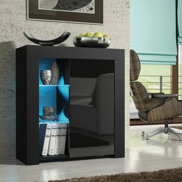 Mex Furniture Distinctive 83cm Cabinet Cupboard Sideboard with Black High Gloss Doors and Free LED Lights