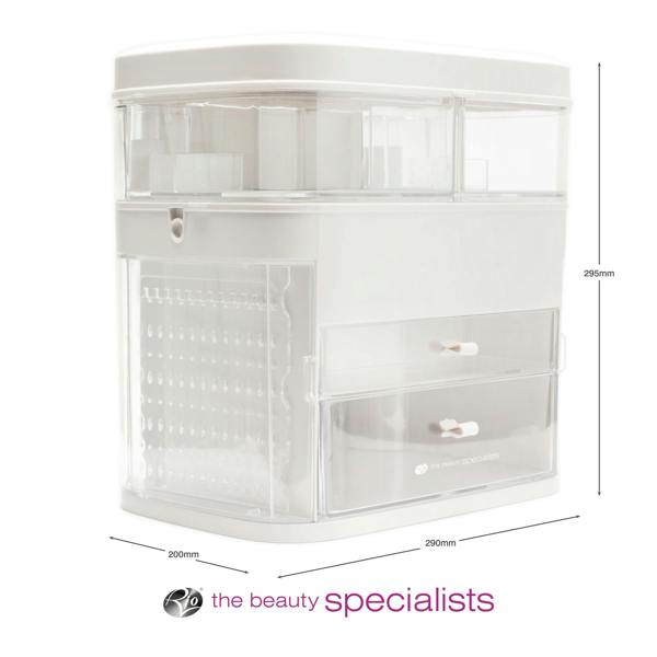 The Rio Ultimate Beauty Storage Box With Dimmable Mirror features compartments, drawers, a side panel, and measures 295mm x 290mm x 200mm—perfect as a portable organizer for your vanity. Brand logo shown at the bottom.