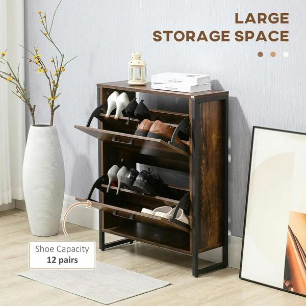 Rustic brown shoe cabinet with flip door open, showing three shoe compartments