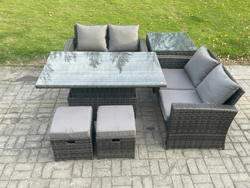 Fimous 6-Piece Poly Rattan Outdoor Dining Set | Height Adjustable Rising Table, Sofa, Side Table, 2 Footstools