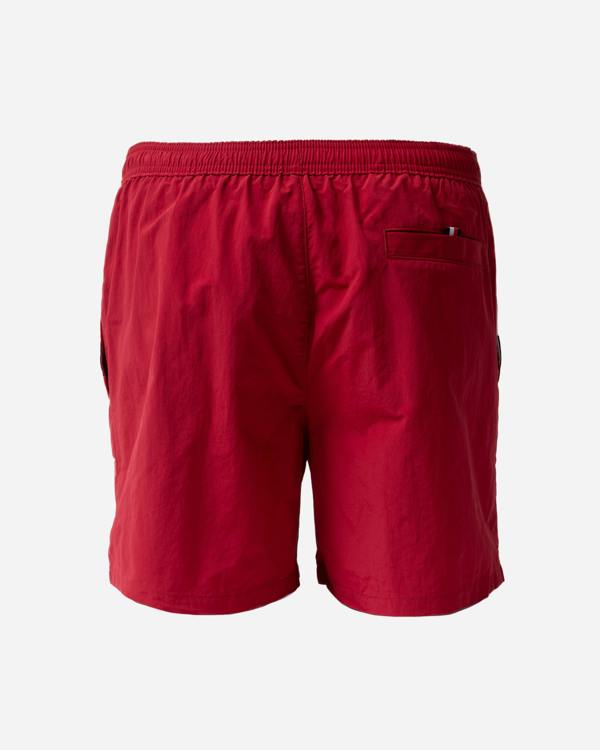 back of Tommy Hilfiger Flag Band Mens Drawstring Swimming Shorts in Raspberry Juice