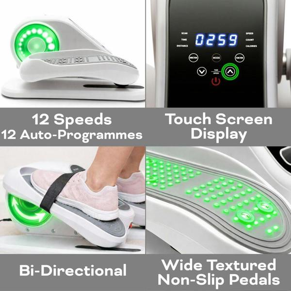 Collage of the Reviber Motorised Mini Elliptical Bike by Reviber showcases 12 speeds, auto-programmes, touch screen display, bi-directional movement, and wide textured non-slip pedals with close-ups and glowing green highlights.