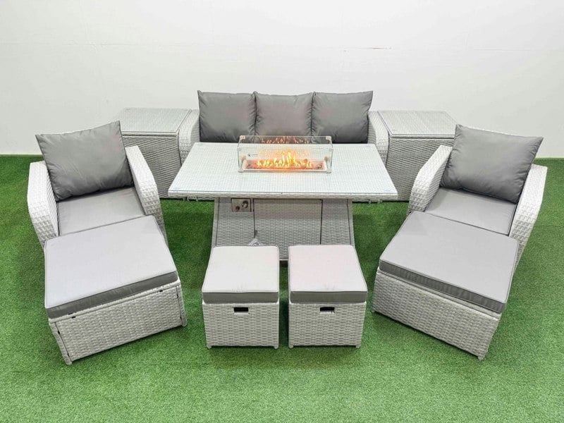 Fimous PE Rattan Lounge Sofa Set 9 Seater Outdoor Garden Furniture Set with Gas Fire Pit Table 3 Seater Sofa 2 Big Footstools 2 Side Tables Light Grey